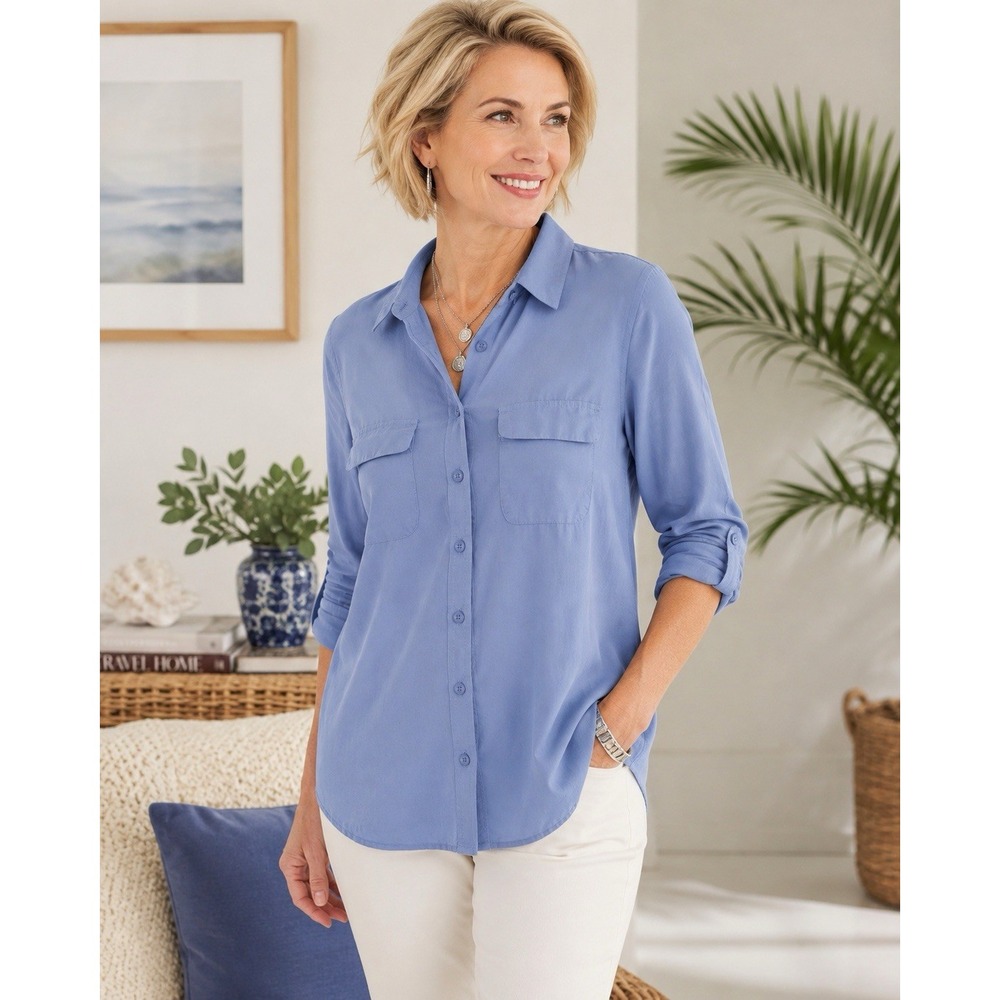 Chicos OP Petite Blue Modal Blend Utility Button Down Shirt Blouse Pockets